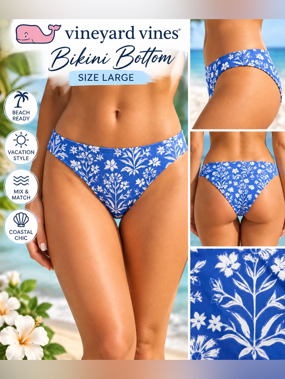 Vineyard Vines Blue White Floral Bikini Bottom NWT Size L